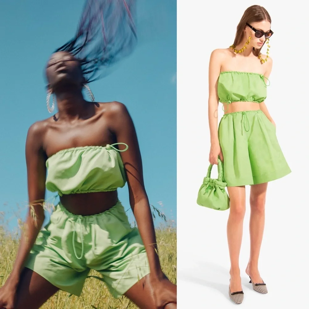 STAUD‎ Lime Green High Rise Drawstring Waist Relaxed Fit Sporty Nylon Shorts S